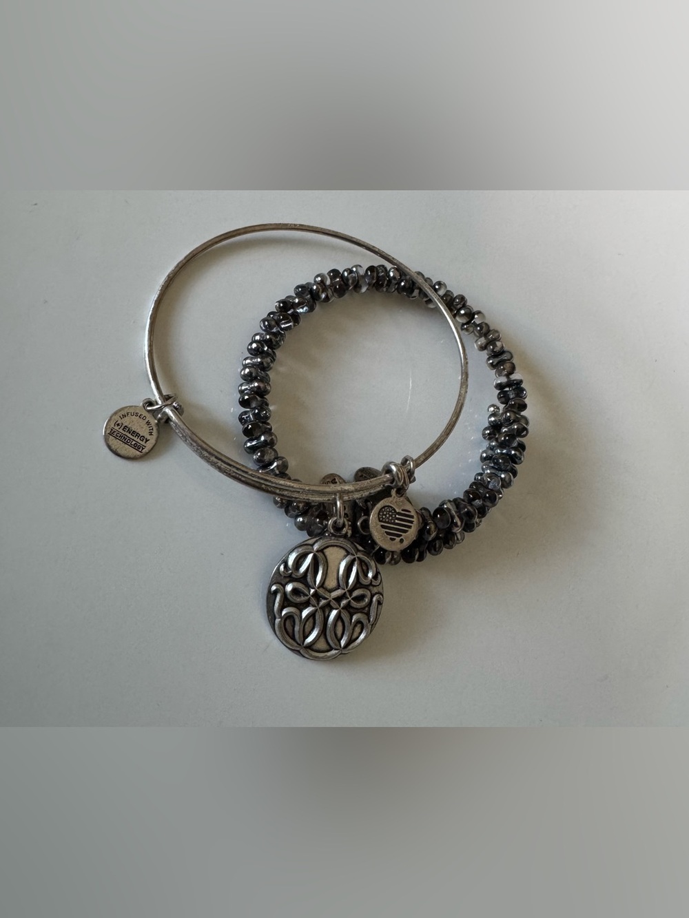 Alex and Ani Silver-Tone Filigree Charm Bangle with Grey Beaded Stretch Bracelet